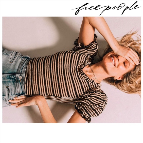 Free People Ruffle Sleeve Tee Blouse Striped - Picture 3 of 8